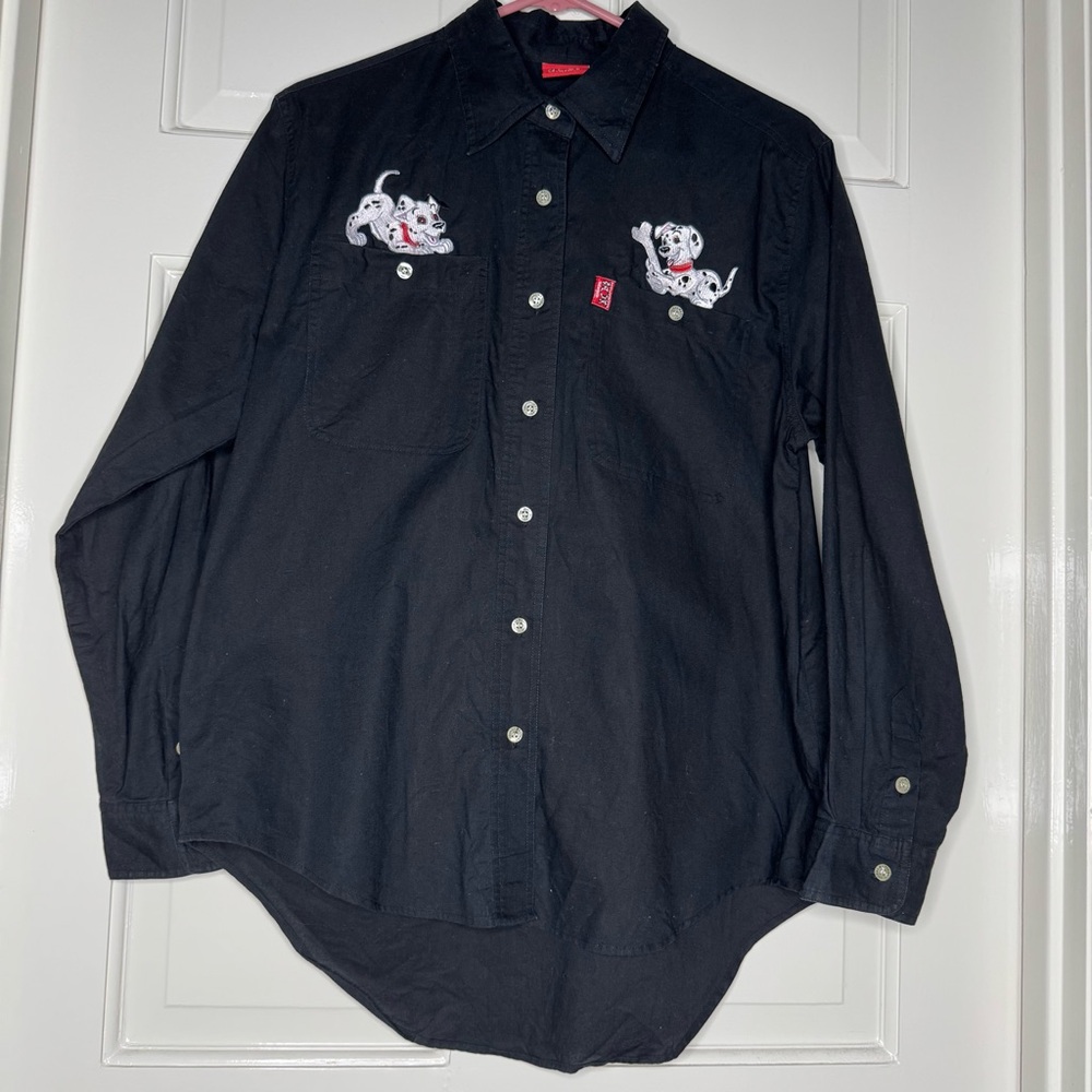 Disney’s 101 Dalmatians Black Button Down Shirt with Embroided Dalmatians   SzM